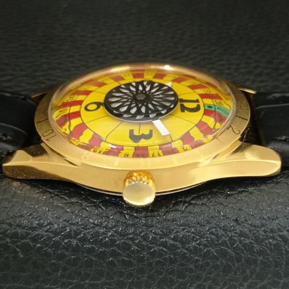 Vintage 1973 Roulette Manual Mens Gold Watch W/Leather Strap & Yellow accents